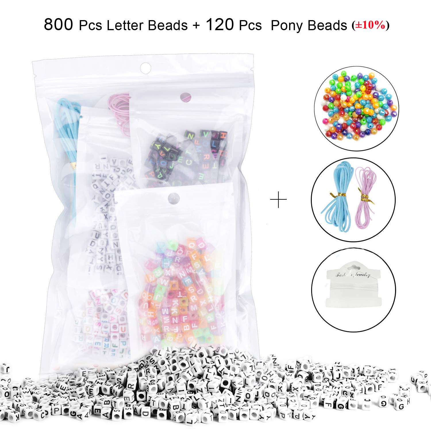 DesignerBox 920 Pcs Letter Beads, 800 Pcs Acrylic Alphabet Beads A-Z Cube Beads with 120 Pcs AB Colorful Pony Beads for Jewelry Making, Bracelets, Necklaces, Key Chains and DIY Kids Jewelry (6mm)