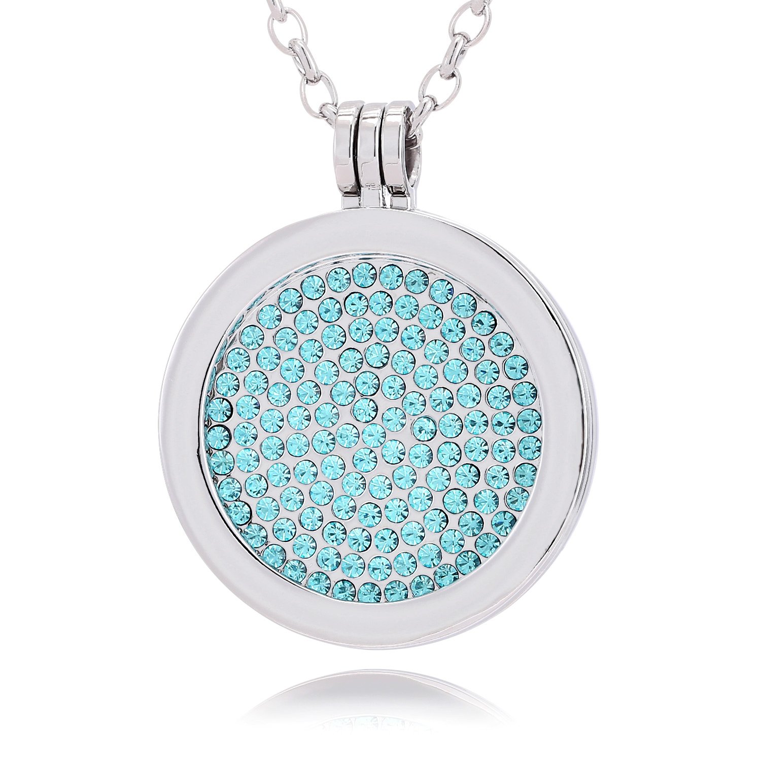 Morella Women Necklace 70 cm 27.5" Stainless Steel with Zirconia Light Blue Coin 33 mm 1,3" Silver in a Velvet Jewelry Bag