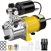 CrestWave Shallow Well Pump with Pressure Tank,1050GPH Water Pressure Booster Pump, 110V, Stainless Steel Transfer Pump for Home Lawn Irrigation and Water Draining