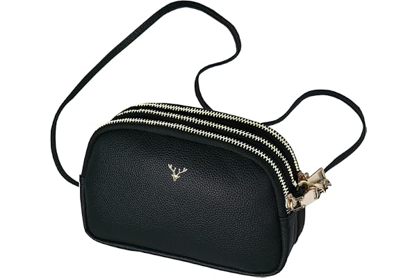 Bolsa Transversal Feminina em Couro Vegano, 3 Compartimentos com Zíper, Alça Ajustável