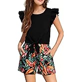 AMAWMW Kids Girls 2 Piece Outfits Summer Clothes Short Sleeve Tie Knot Ruffle Shirts Tops Floral Shorts Sets with Pockets
