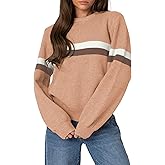 ZAFUL Womens Casual Striped Sweater Color Block Crew Neck Long Sleeve Pullover Ribbed Loose Knit Tops