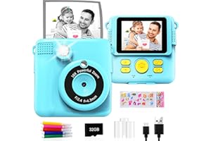 GKTZ Instant Print Camera for Kids - 1080P HD Instant Print Photo - Christmas Birthday Gifts for Age 4 5 6 7 8 9 10 Girls Boys - Portable Toy with 3 Rolls Photo Paper, 5 Color Pens, 32GB Card - Blue