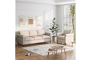 ZAFLY 2 Piece Living Room Sofá Set, 3 Seat Sofa and Armchair with Solid Wood Frame and 4 Gourd Shapes Legs for Home/Bedroom/Apartment(Beige)