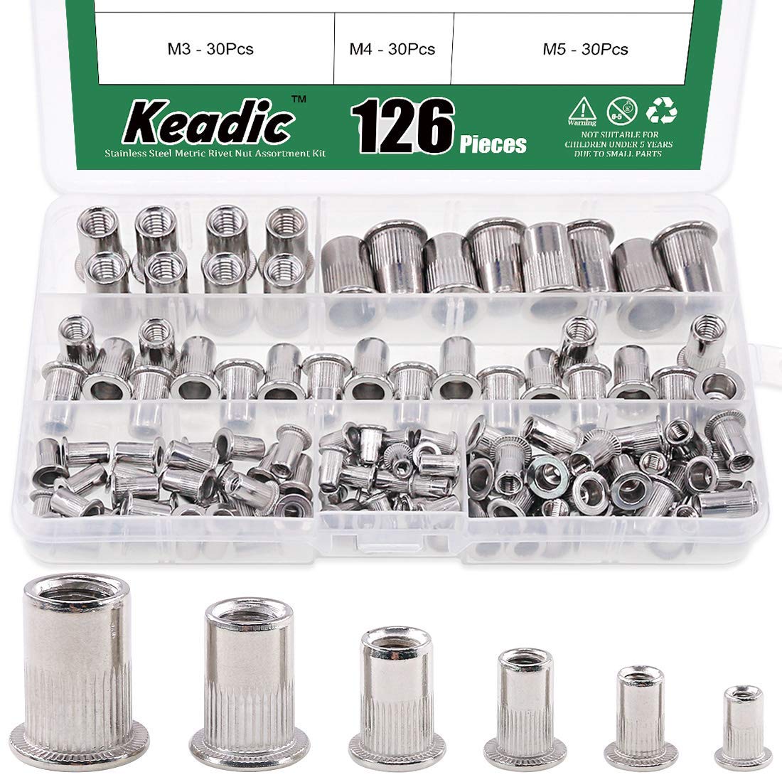Keadic 126Pcs Metric Rivet Nut Assortment Kit 304 Stainless Steel - M3 M4 M5 M6 M8 M10
