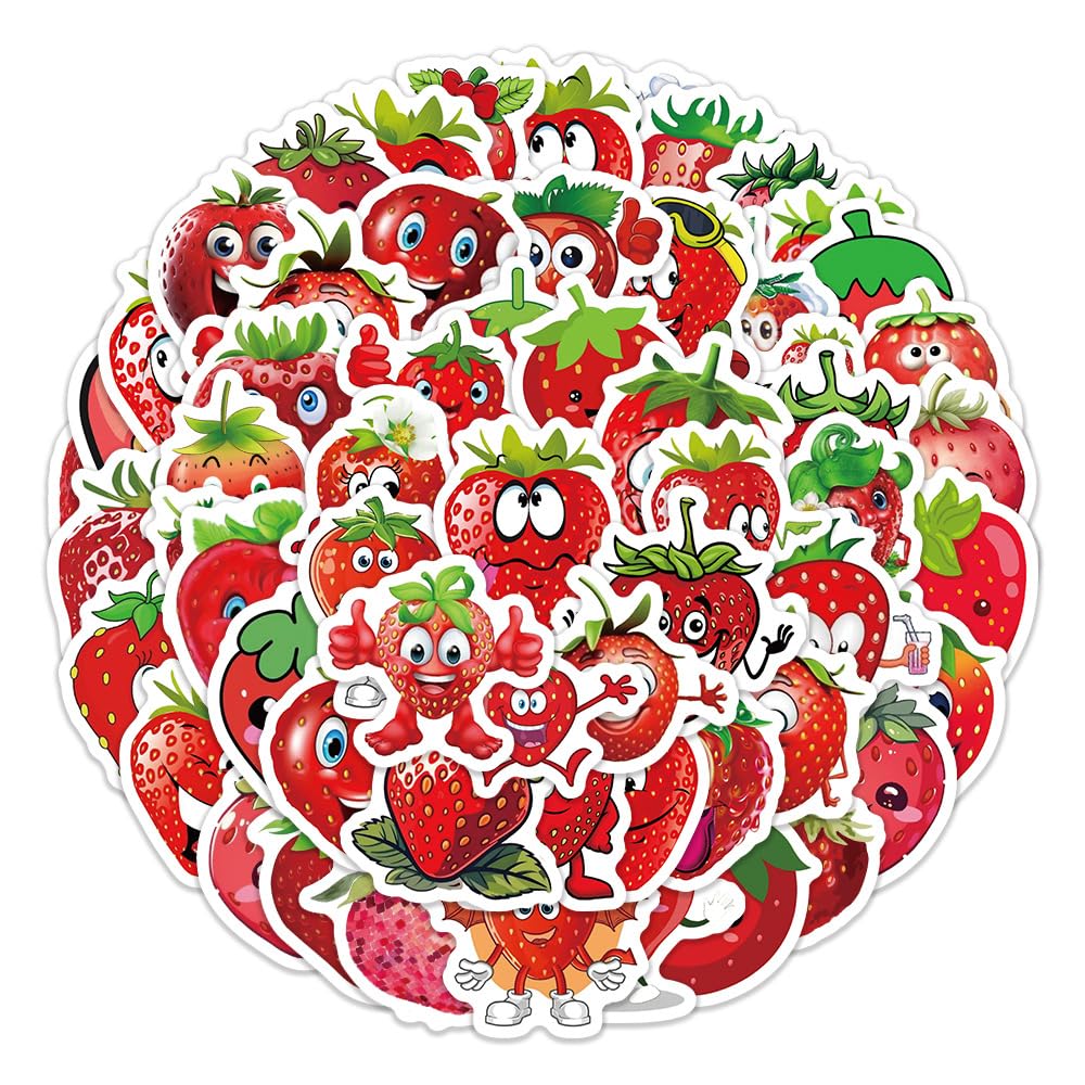 60Pcs Strawberry Stickers for Water Bottle Phone,Car,Notebook,Skateboard,Helmet,Laptop,Bike,Luggage,Children Girl Gift,Cute Red Fruit Waterproof Vinyl Sticker,Cartoon Strawberry Aesthetic Decal