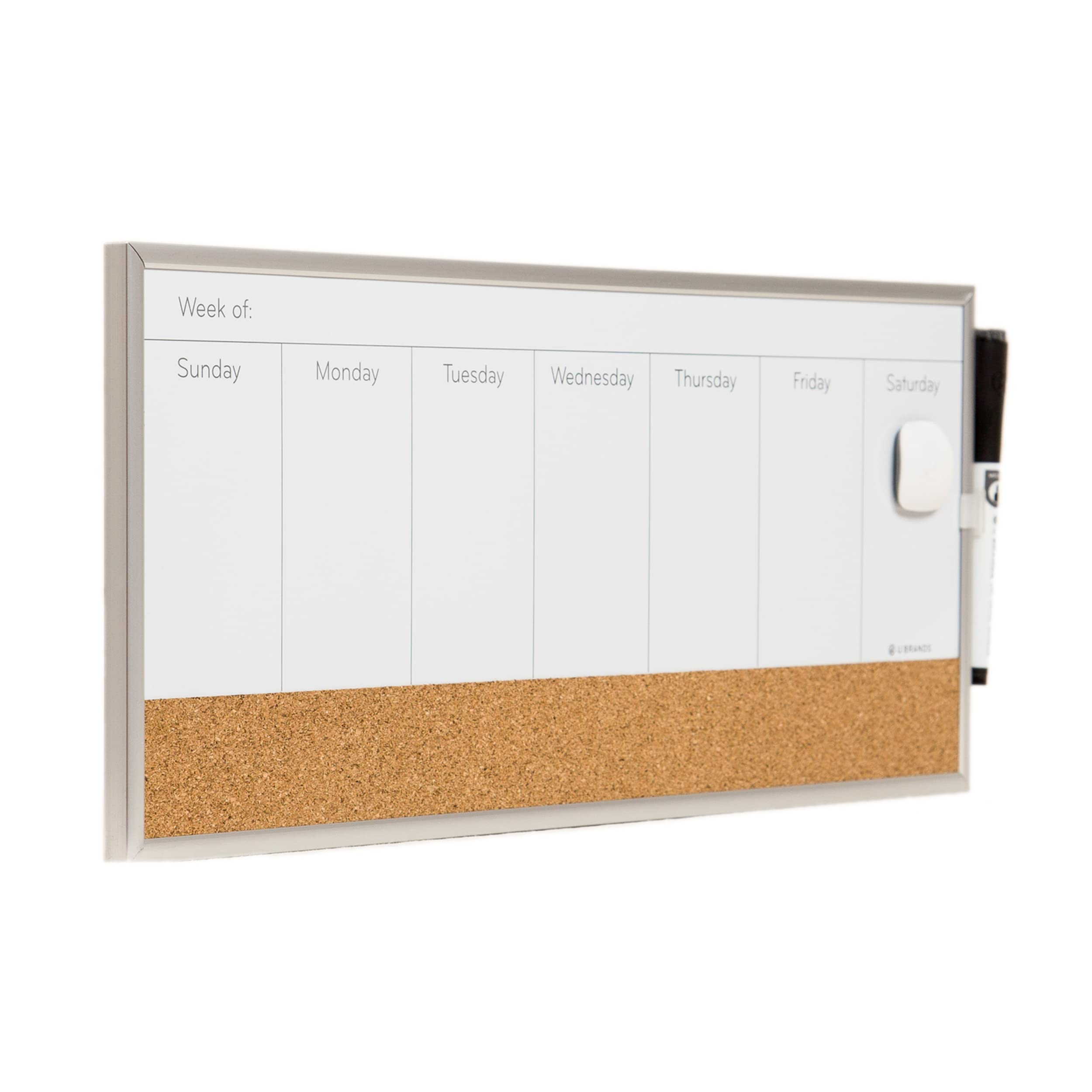 U Brands Whiteboard Planner, Magnetic Weekly Dry Wipe Board with Cork Strip 46x19 cm, Silver Aluminium Frame, Includes Marker, Clip and Magnet, Wall Mount White Board for Home, School, Office