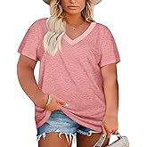 Womens Plus Size V Neck T Shirts Summer Short Sleeve Sexy Tops T-Shirts Tunic Casual Loose Fit Soft Basic Tees