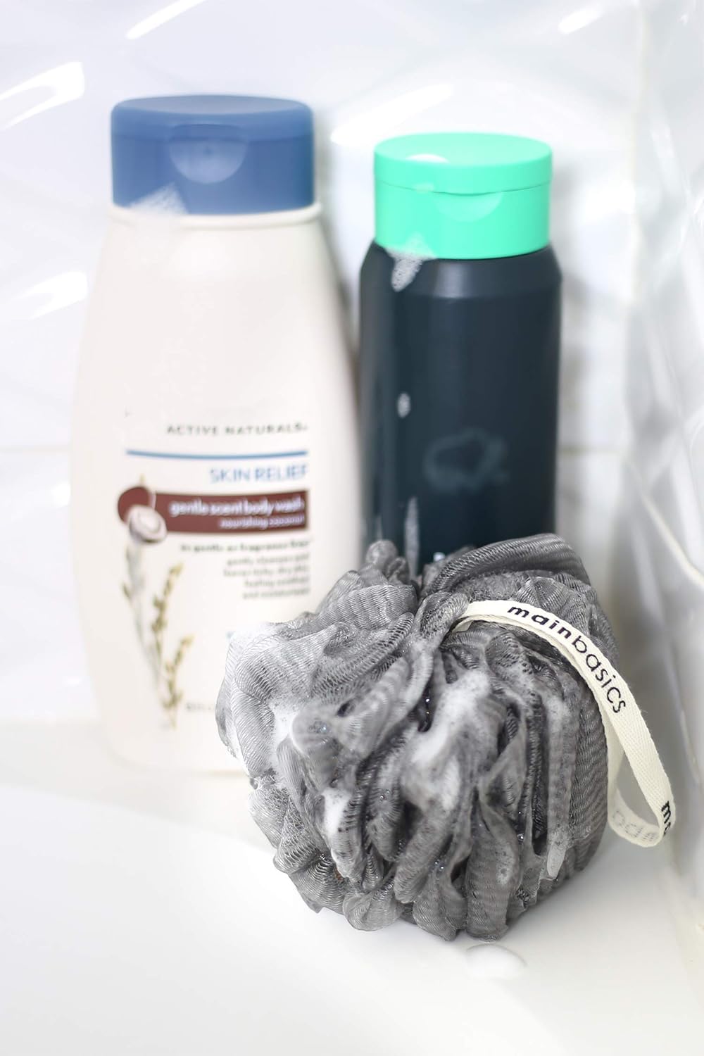 MainBasics Activated Charcoal Bath Shower Loofah Sponge Pouf Body Scrubber Exfoliator (Set of 3): Beauty