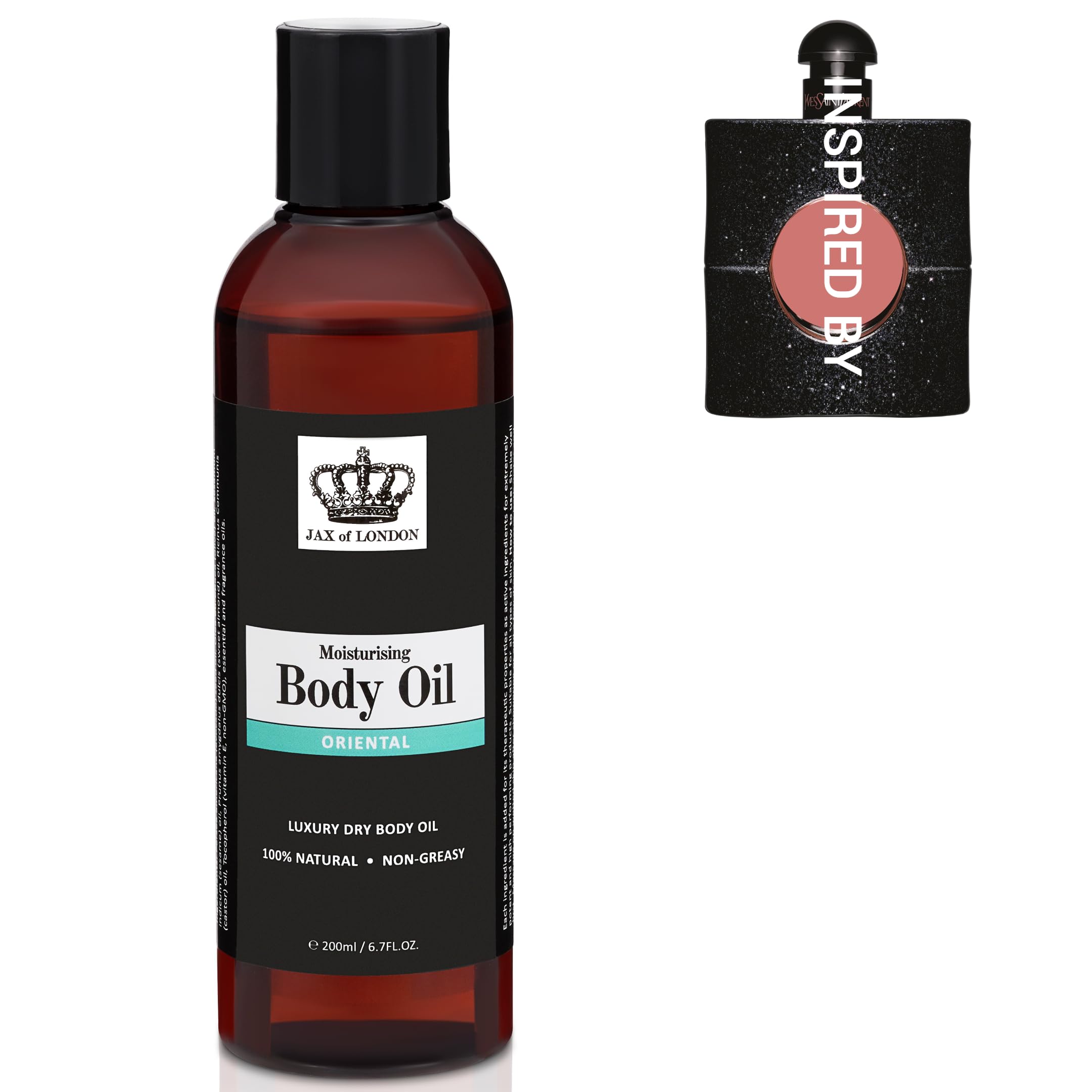 Jax of London Perfume Inspired Body Oil 200ml – 100% Natural Ingredients – Vegan – Moisturising Oil for Skin Hair & Massage – Helps Improve Appearance of Stretch Marks – Inspired by Black Opium