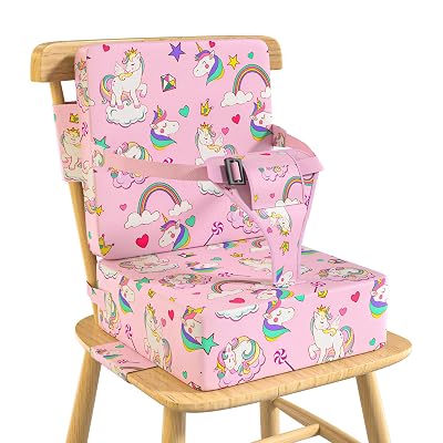Vahlbeste Booster Seat for Kitchen Chair with Backrest & 4 Adjustable Straps, TPU Waterproof & Anti-Scratch Toddler Booster Seat for Dining Table, Removable & Non-Slip(Unicorn)