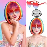 PLULON Colorful Bob Wig with Heart Sunglasses for Women Men, Colorful Short Funny Bob Wigs with Bangs Black Hair Cap Colored Cosplay Hairpieces for Christmas Halloween Costume Neon Bachelorette Party