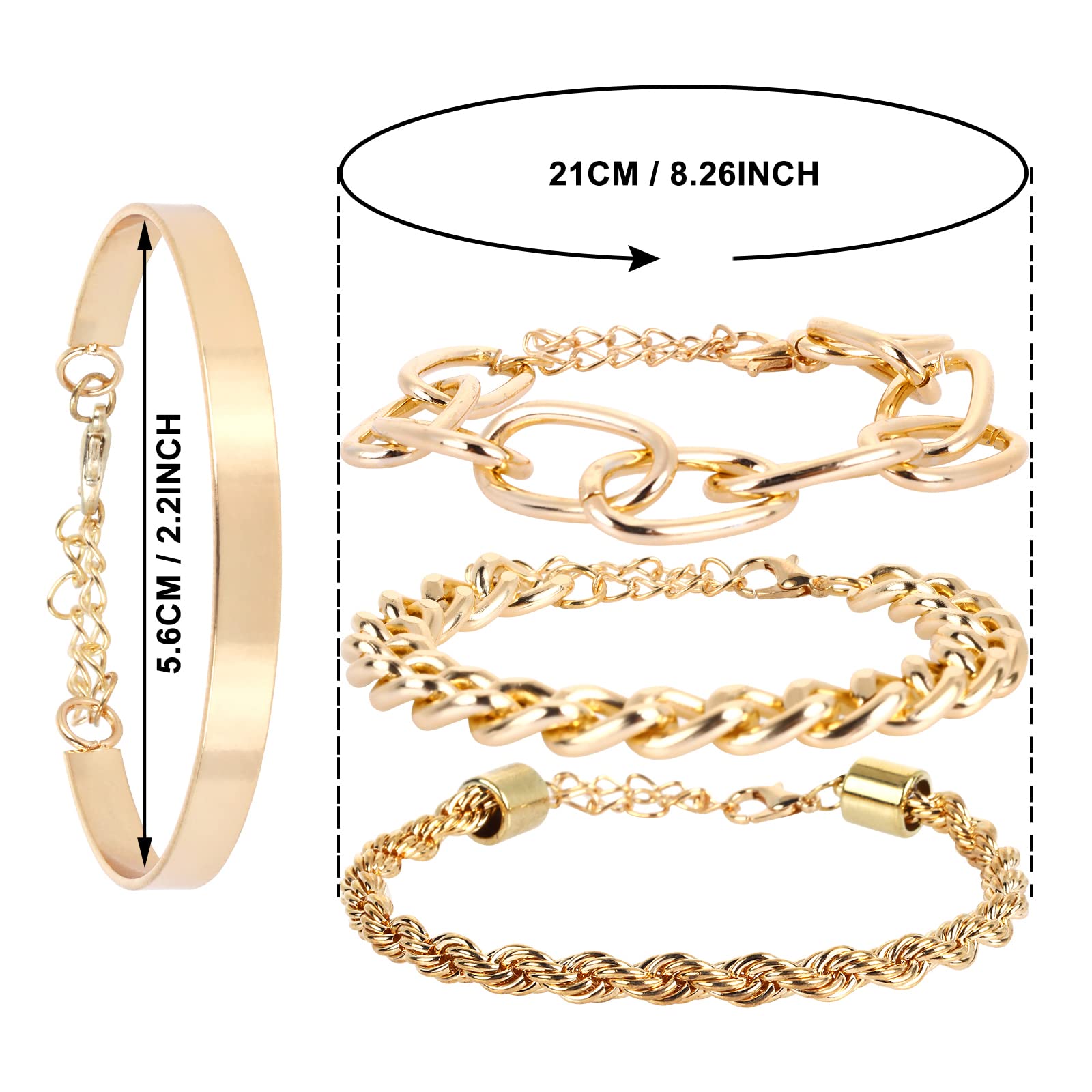 Yolev Gold Chain Bracelet Sets for Women Girls Fashion Beaded Chunky Flat Cable Chain Punk Bracelets Jewelry Adjustable Layered Metal Link Bracelet Set (gold)