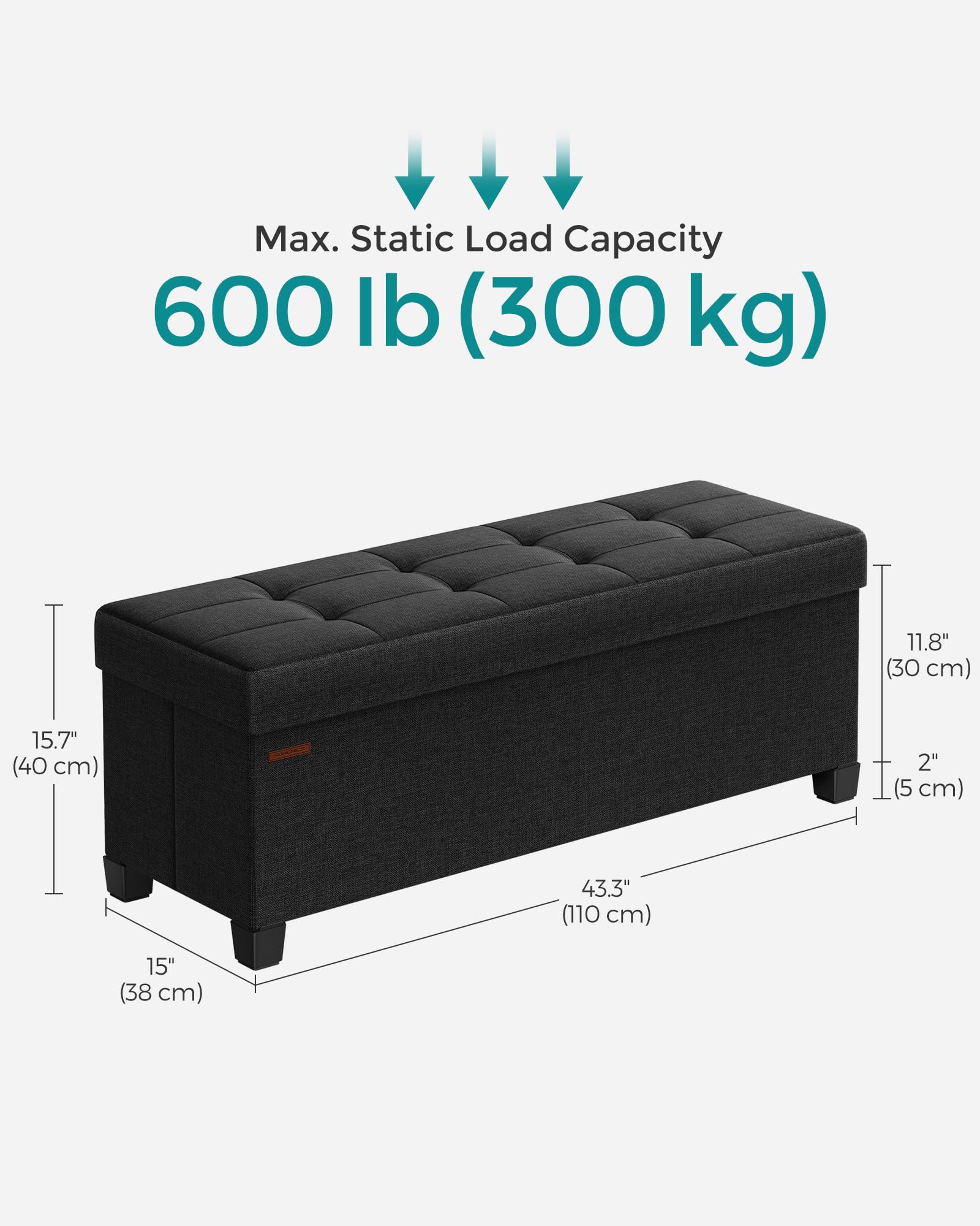 SONGMICS Storage Ottoman Bench, Foldable Foot Rest with Legs, 15 x 43 x 15.7 Inches, End of Bed Bench, Storage Chest, Load up to 660 lb, for Living Room, Bedroom, Entryway, Ink Black ULSF018B01 - Image 5