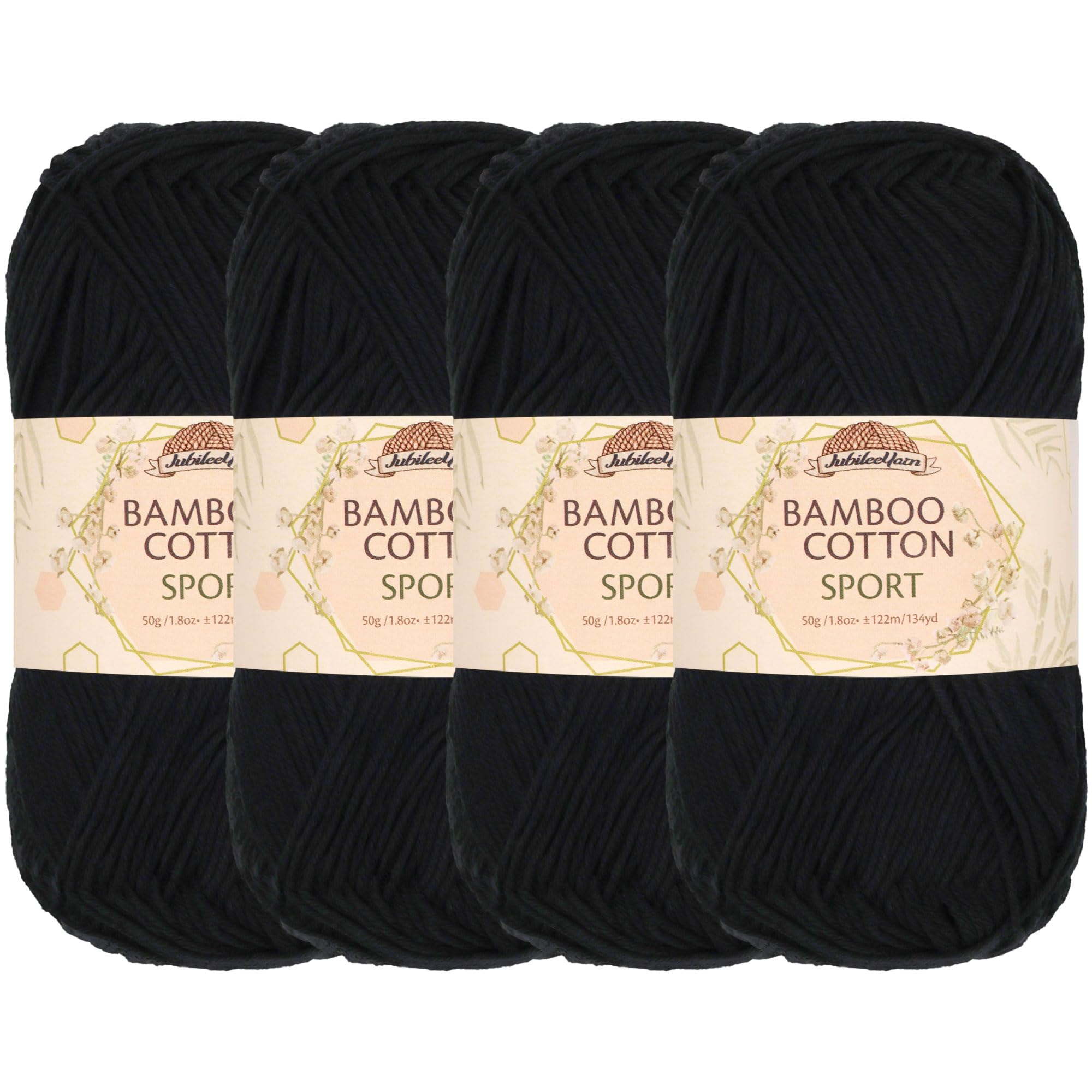 JubileeYarn Bamboo Cotton Sport 4 Ply Yarn - 50g/Skein - Midnight Black - 4 Skeins