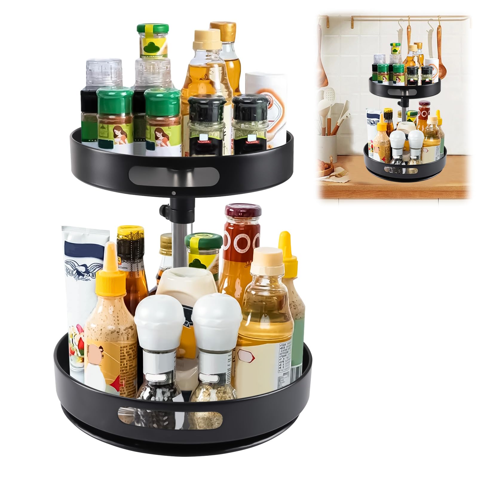 Rotating Lazy Spice Rack, Adjustable turntable Spice Organizer, 2 Tier Black Metal Seasoning Rack for Cabinet Pantry Kitchen Countertop