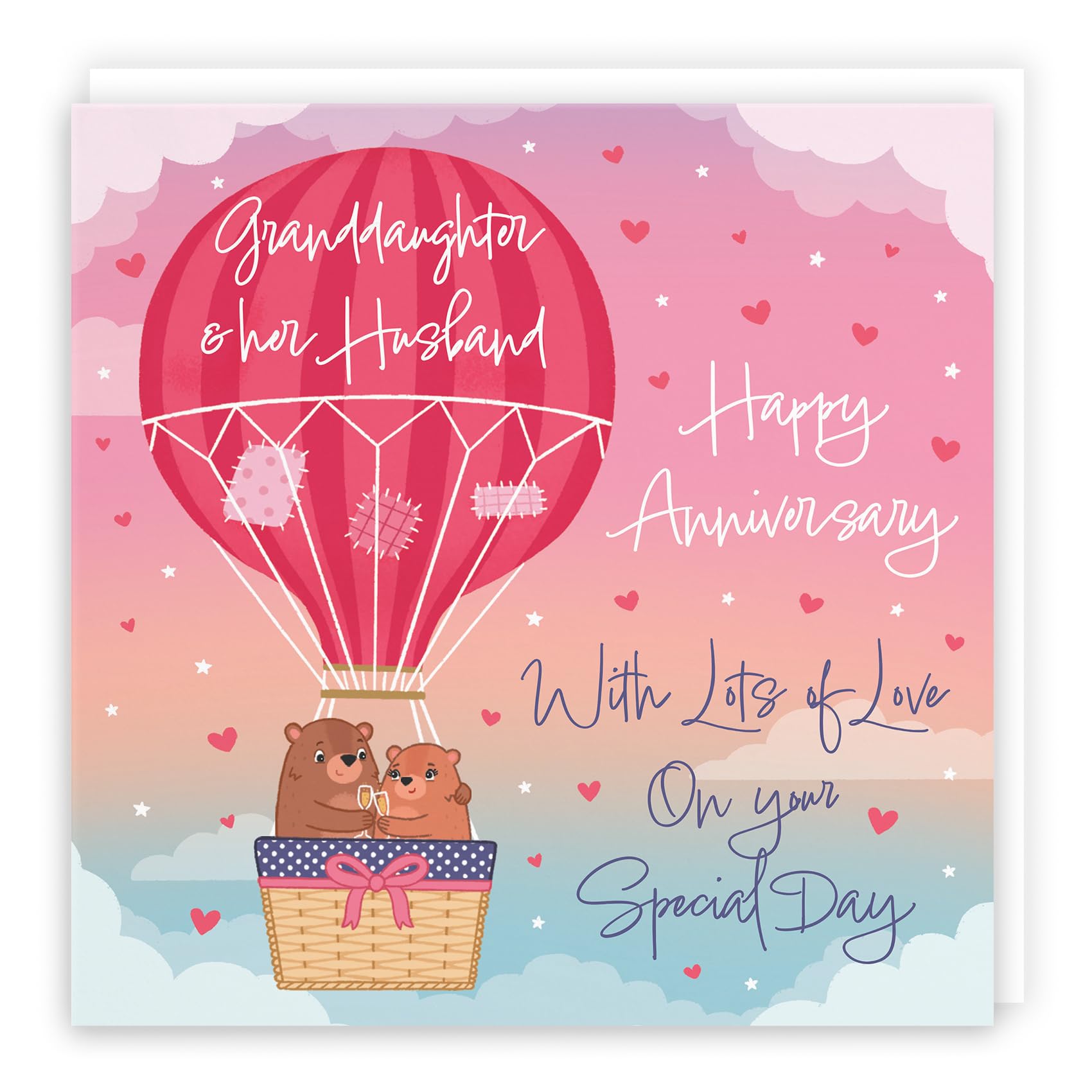 Hunts England - Large Granddaughter And Husband Hot Air Balloon Anniversary Card - Cute Bears Collection - For Granddaughter And Husband - Champagne And Love Hearts - 210 x 210 mm