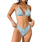 seamoly Women's Triangle Cup Swimsuit Halter Neck Ruffle Tie High Cut V-Waist Two Piece Sky Blue