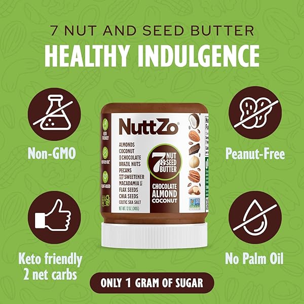 NUTTZO KETO CHOCOLATE ALMOND COCONUT – 7 NUT AND SEED BUTTER, COCONUT, BRAZIL NUTS, ALMONDS, PECANS & MORE, KETO FRIENDLY, ONLY 1G SUGAR, NO ADDED OIL, NON-GMO, DARK CHOCOLATE, 2G NET CARBS, 12 OZ JAR