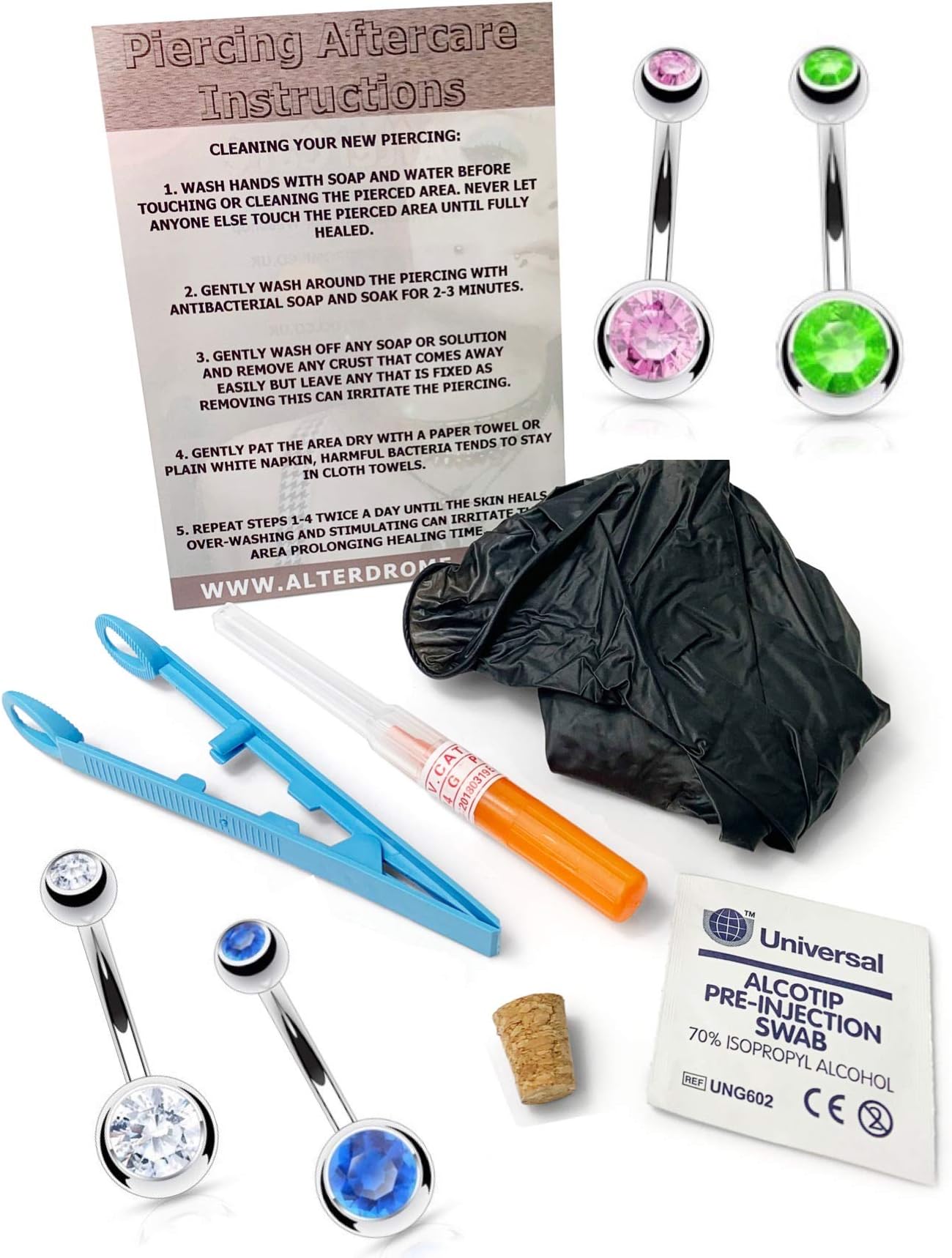 1.6mm (14g) Premium Sterile Cannula Needle Piercing Kit for Belly Button Navel Piercing. Kit Includes CZ Gem Belly Bar Piece of Jewellery