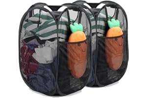 HOUSE AGAIN 2 Pcs Strong Mesh Pop-up Laundry Hamper, Quality Pop Up Hampers for Laundry with Durable Handles Solid Bottom High Carbon Steel Frame, Easy to Open and Fold Flat for Storage(Black)