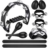 10Pcs Black Tambourines Musical Instrument Adults Foot Percussion Music Set | Half Moon Tambourine, Wood Rhythm Sticks, Egg Shakers, Wrist Bells, a Pair Maracas, Musical Percussion Instrument Set