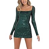 Women Sparkle Sequins Mini Dress Sexy Tie Back Bodycon Dress Long Sleeve Shiny Evening Dresses Night Out Party Outfits