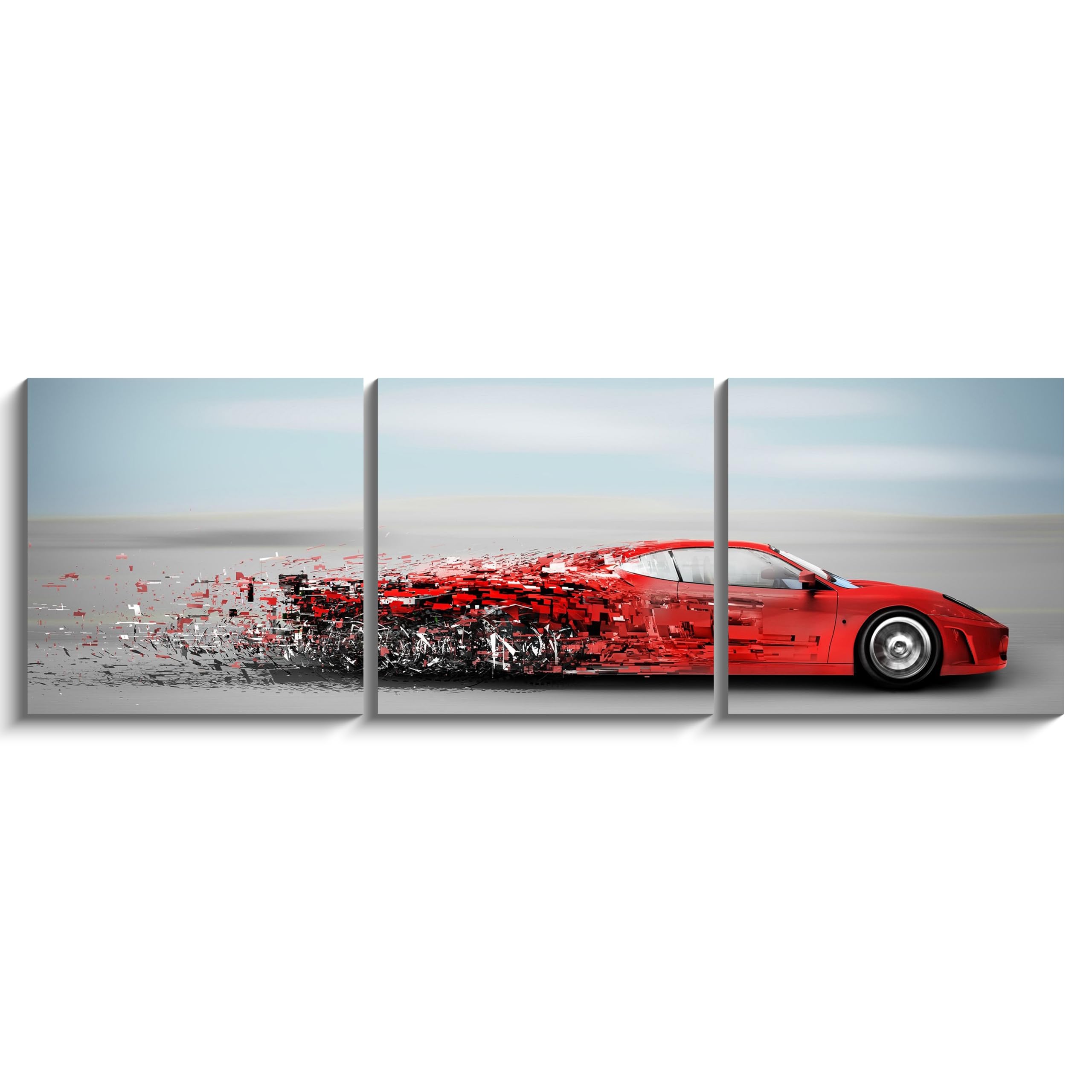 Condition photo showing New/Like New for nan wind 3pcs red sports car canvas wall art speed motion futuristic pixel explosion racing vehicle
