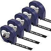 5 X White on Black Tape Replacement for Dymo Label Maker Refills Plastic 12mm X 3m Compatible with Dymo Letratag Refills for Letra tag LT100H LT100T QX50 Label Maker Tape