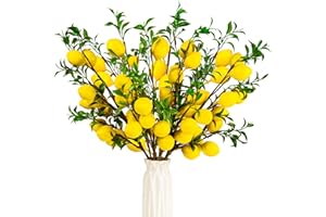 TORINALITAL 4Pcs Artificial Lemons Branch, 19 Inch Vivid Yellow Fake Lemons Branch with Green Leaf and Adjustable Branch, Lemon Decor for Home Kitchen, Graden, Office Desk, Party Summer Decorations