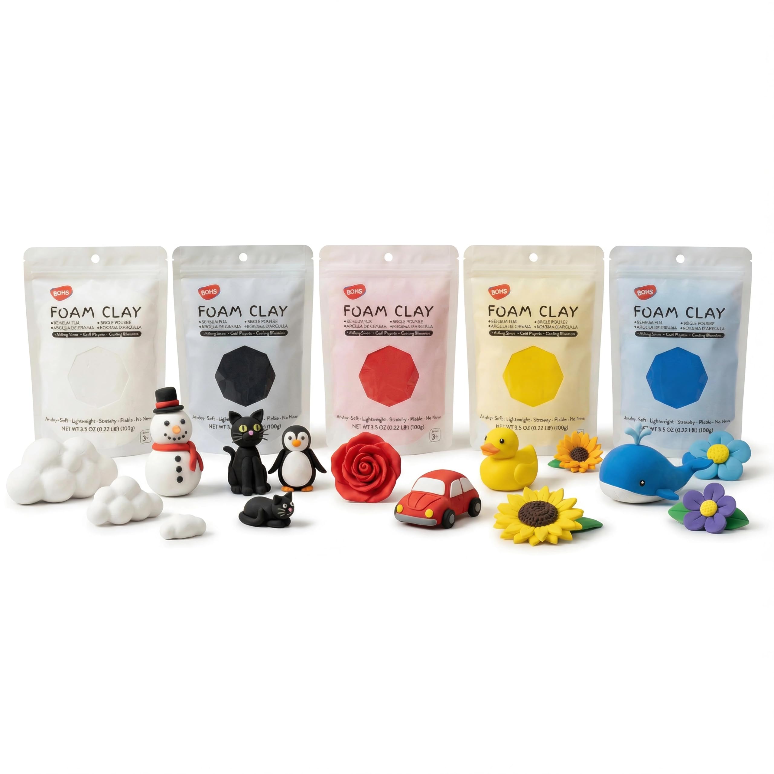 BOHS Primary Colours Foam Modeling Clay - Squishy, Air Dry, Soft - for School Projects,Baby Hand Print,Slime,Fake Bakes - Gifts for Adults and Kids - 5 pcs,1.1 Lbs