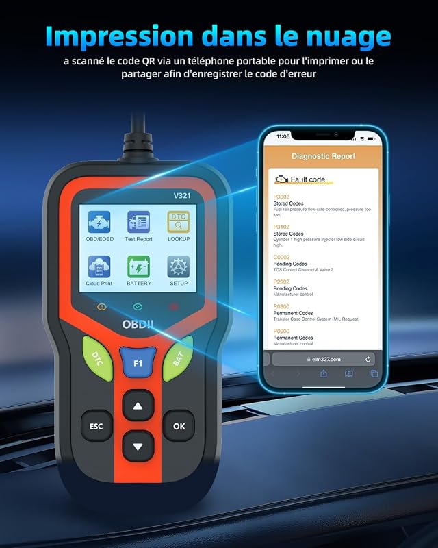 OBD2 Diagnostic Voiture, Valise Diagnostic Auto, OBD2 Diagnostic Français pour Tous Les Véhicules Depuis 1996 Et Plus Récents (Noir)