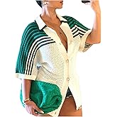 MakeMeChic Women's Striped Crochet Cardigan Sweater Tops Summer Short Sleeve Hollow Out Sweater