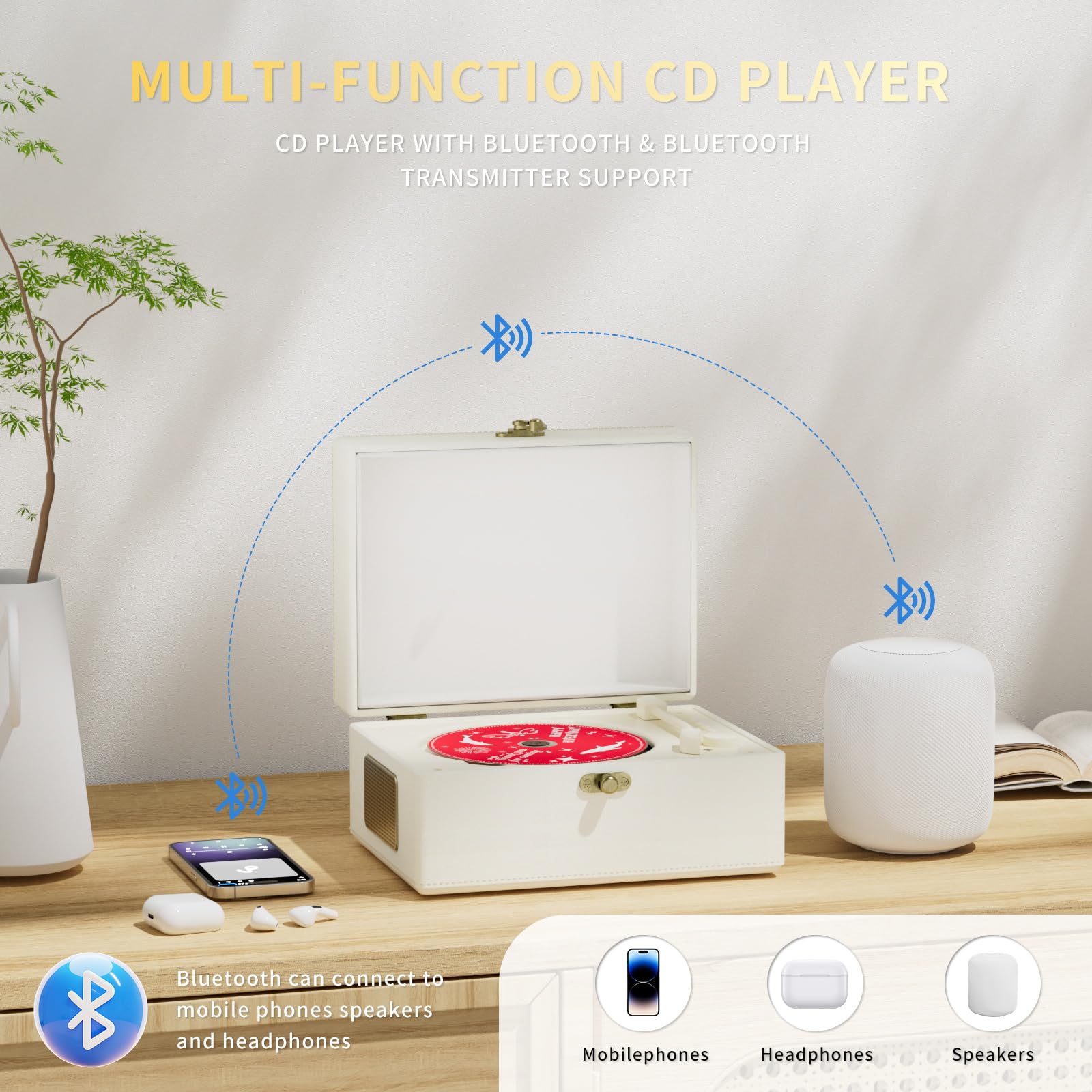 Rechargeable Leather CD Player with Speakers, Bluetooth Transmitter, Festival Gift, BGM Player for Home Decor., white