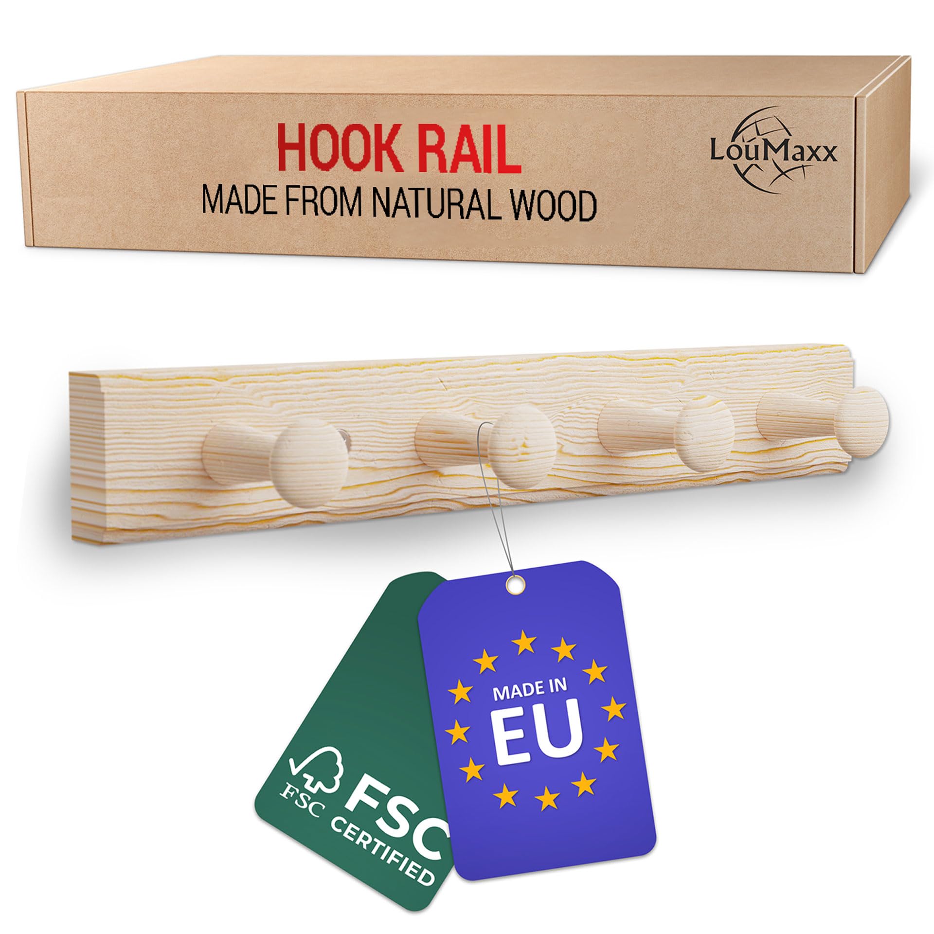 LouMaxx Wooden Hook Rack with Hooks - Wall Mounted Coat Rack for Children - Made of Untreated Pine Wood