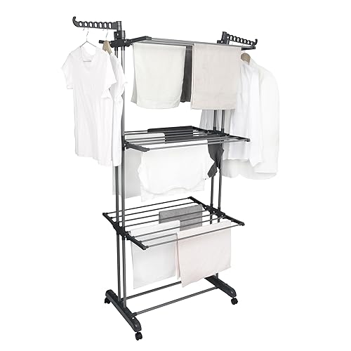 BARGAIN FACTORY Airer Clothes Drying Rack,4-Tier Grey Foldable Clothes Hanger Adjustable Large Stainless Steel Garment Laundry Racks for Indoor Outdoor with Foldable Wings