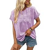 Poetsky Womens Summer Short Sleeve Lace Crochet Blouses Flowy Babydoll Dressy Casual Work Tops