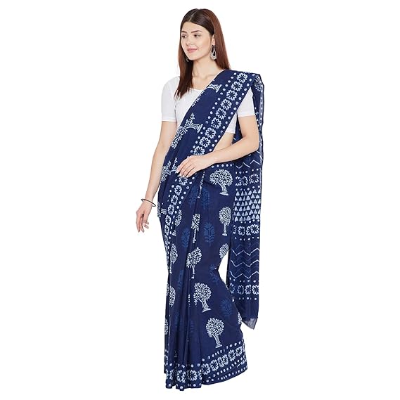 Finest Quality Cotton - Handmade Indigo Double Dabu print - Block Print Saree with Blouse Piece BAPASA0052