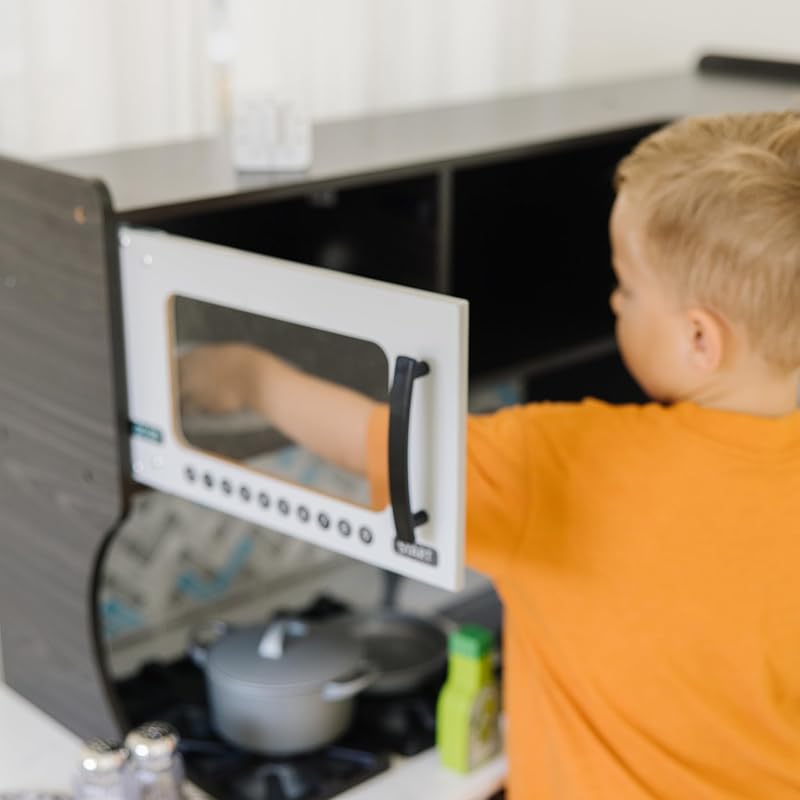 Cuisine-Jouet de Petit Chef en Bois pour Enfants - Gris Anthracite - Distributeur Inclus - Jeu de Cuisine pour Tout-Petits de 3 Ans et Plus