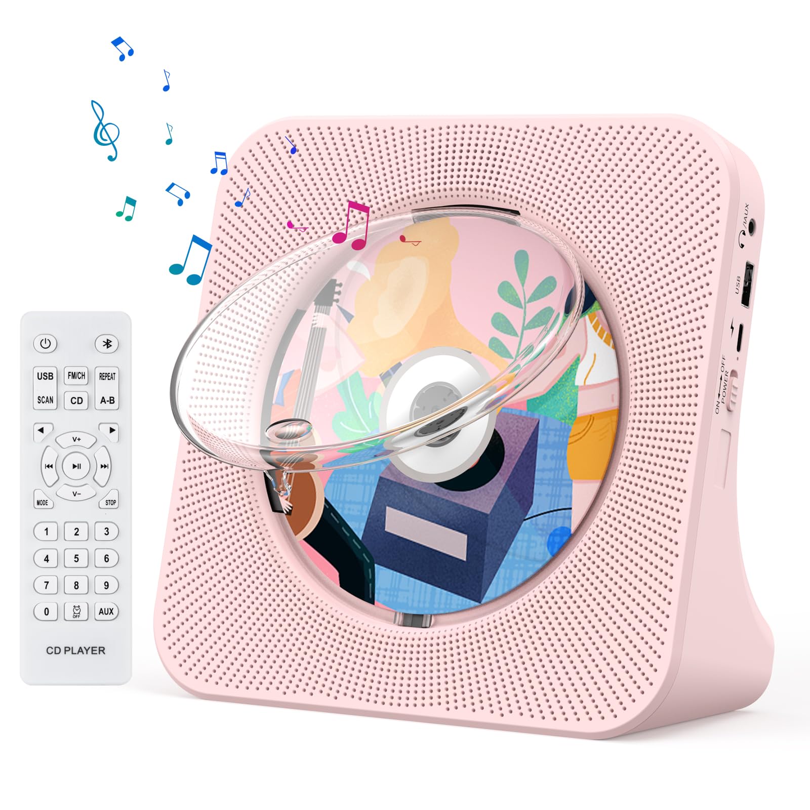 Portable CD Player with Bluetooth, Gueray Desktop CD Players for Home, Bulit-in Double HiFi Speakers, AUX&Headphone Jack, FM Radio Boombox with Remote Control, USB Port,LCD Display(Pink)