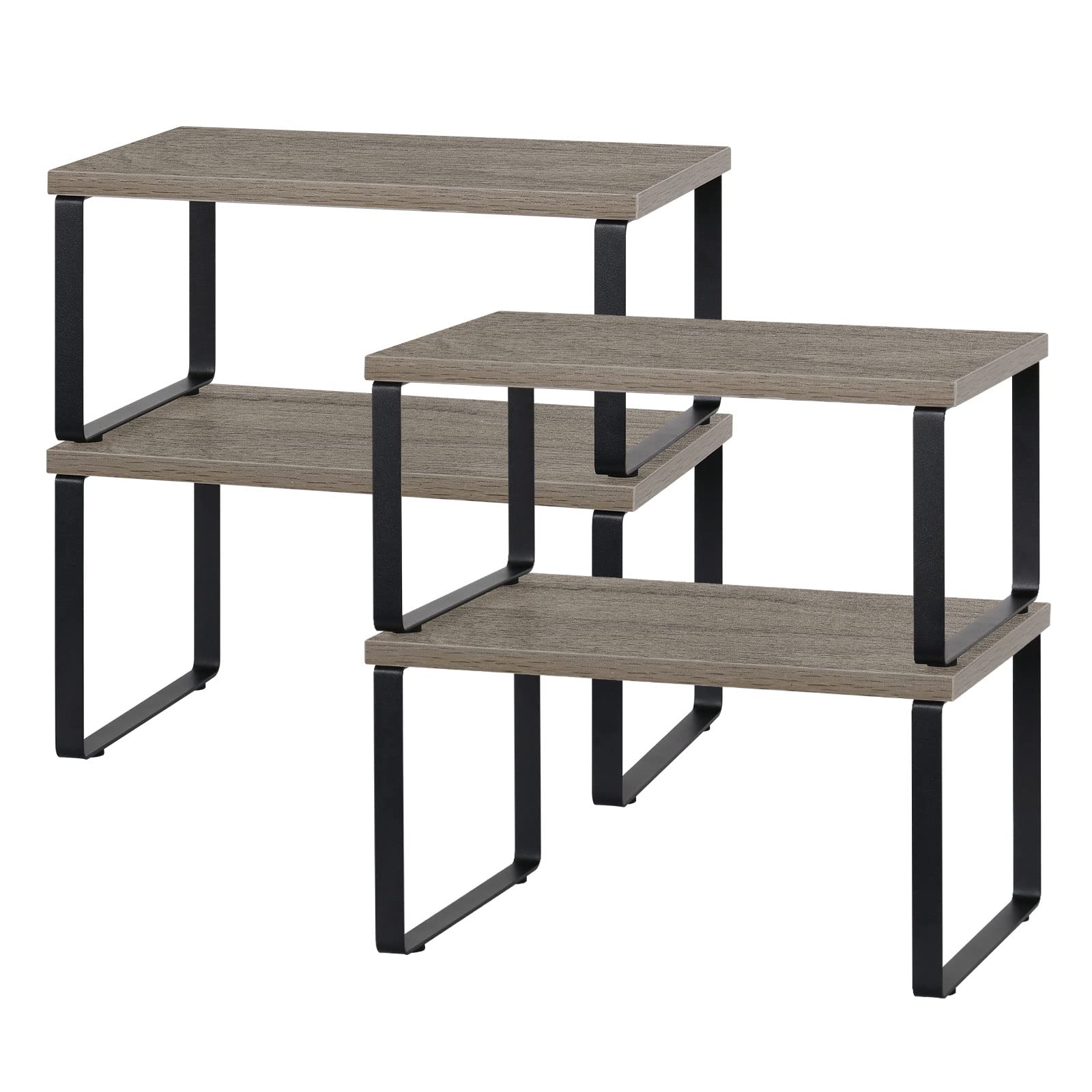 CADUKE Cabinet Shelf Organizers Set of 4, Kitchen Cabinet Storage Shelves with Metal Frame and Wooden Countertop, Expandable & Stackable Storage Rack for Pantry, Kitchen, Bathroom, Office, Grey