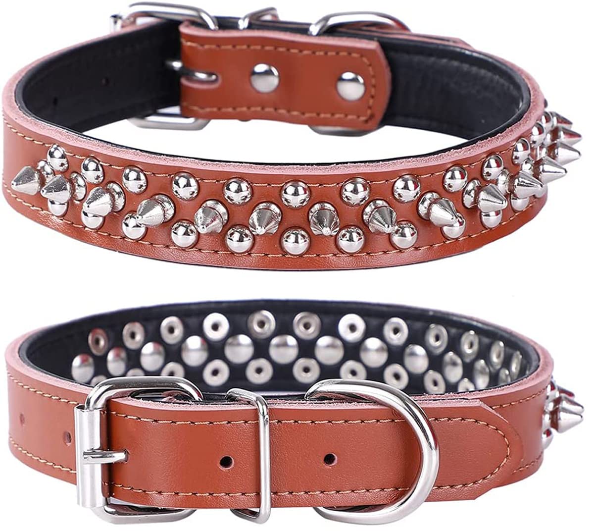 haoyueer Spiked Studded Dog Collar, Genuine Leather Dog Collar, Adjustable Pet Collars for Medium Large Bulldog Pitbull Mastiff Poodle Boxer (S, Brown-2)