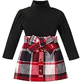 Noubeau Toddler Girl Fall Winter Clothes Cute Puff Sleeve Top Plaid Mini Skirt Girls A-line Dress 2-8 Years