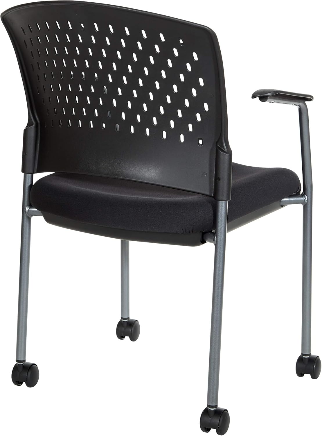 Office Star ProGrid Ventilated Plastic Back Deluxe Stacking Visitor's Chair with Titanium Finish Frame and Casters, Black: Furniture & Decor