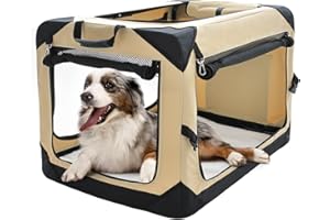 Pettycare 36 Inch Collapsible Dog Crate for Large Dogs, 4-Door Foldable Soft Dog Kennel with Chew Proof Mesh Windows, Indoor & Outdoor Travel Dog Crate, Beige