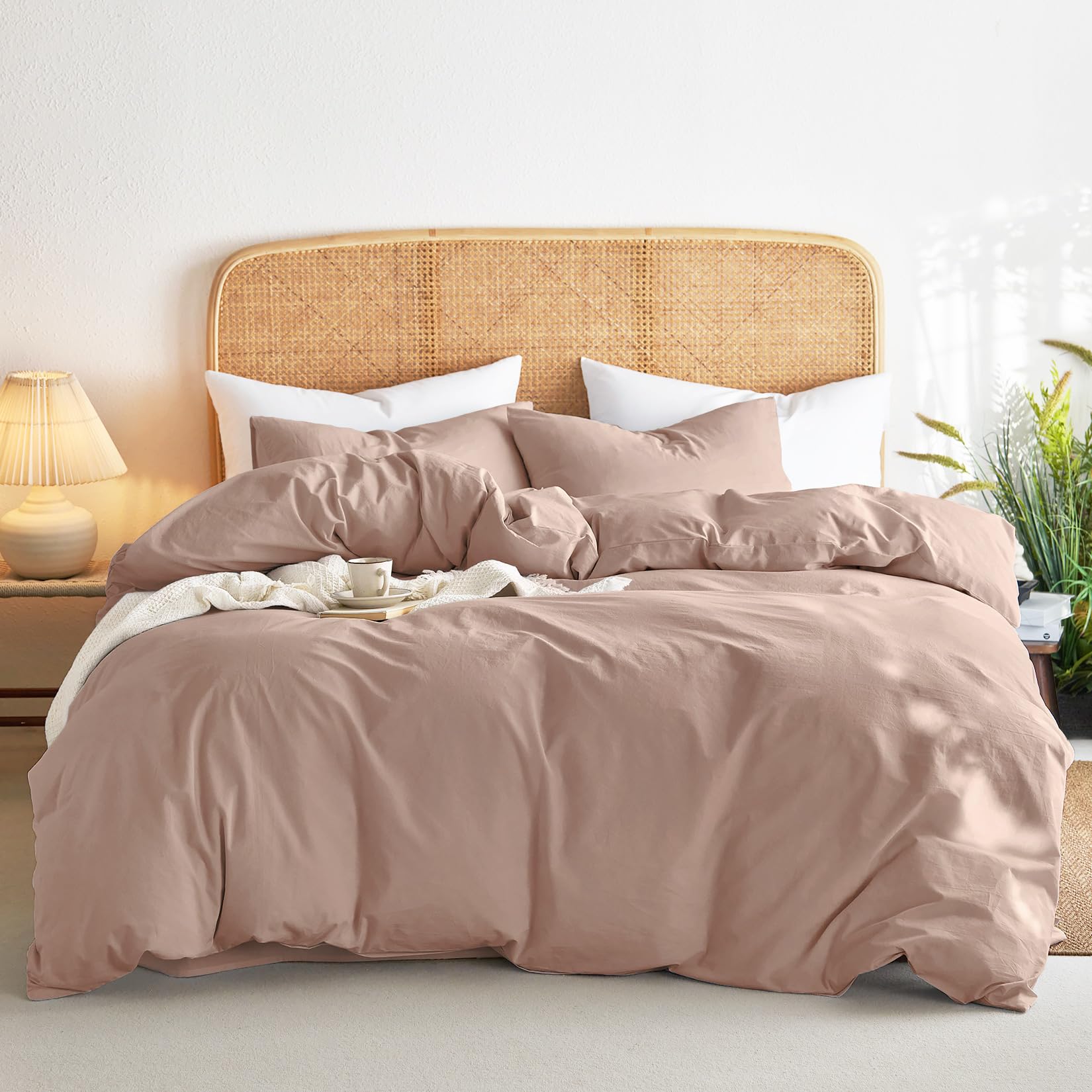 Wake In Cloud - Cotton Duvet Cover Set, Queen Size, Dusty Rose Pink, 100% Washed Cotton, Linen Like Textured, Breathable Percale Durable Comfy Farmhouse Neutral Bedding Set, 3 Pieces