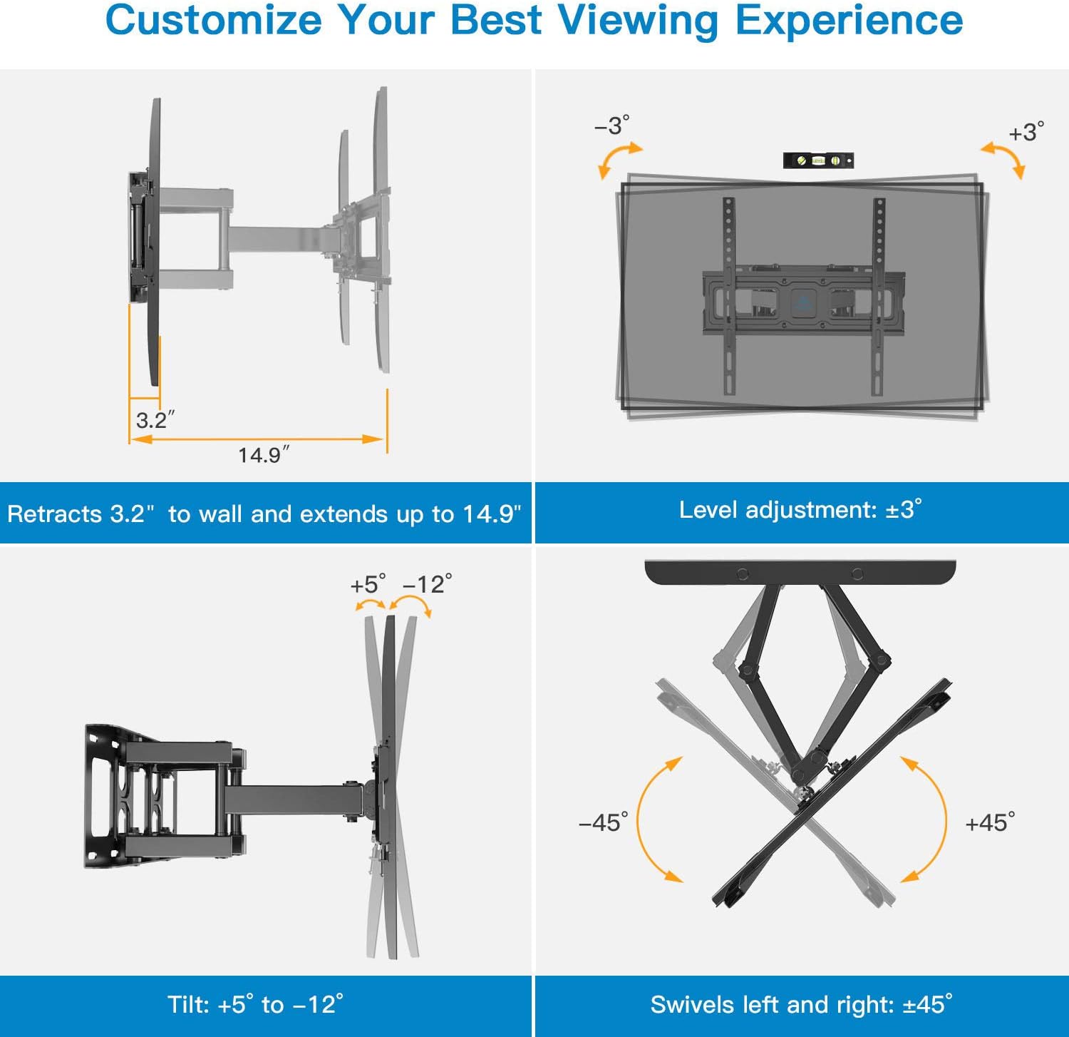 TV Wall Mount Bracket Full Motion Dual Swivel Articulating Arms Extension Tilt Rotation, Fits Most 26-55 Inch LED, LCD, OLED Flat&Curved TVs, Max VESA 400x400mm and Holds up to 99lbs by Pipishell: Home Audio & Theater