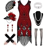 VillbeCoser 1920S Women Flapper Dress V Neck Sequin Fringed Dress Cocktail Dress with Roaring 20s Accessories