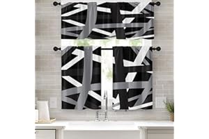 Tayney Black Kitchen Window Curtains and Valances Set 36 Inch, Abstract Lines Art Geometric Rod Pocket Short Tier Curtain, Modern Grey White Small Drapes for Kitchen Decor