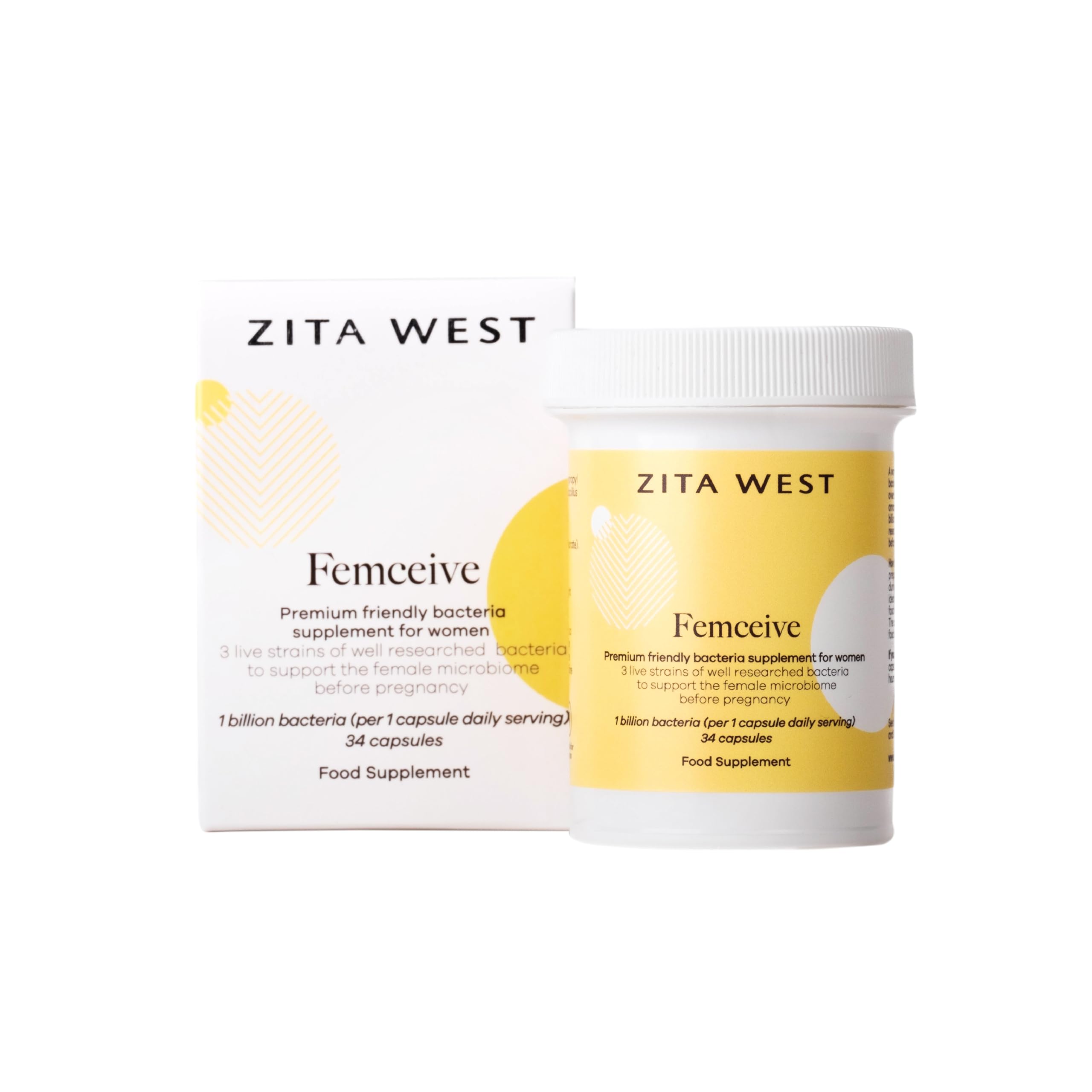 Zita West Femceive Probiotics for Women - Friendly Bacteria Supplement with 1 Billion CFU and 3 Strains, Vegan Capsules for Daily Pre-Conception Routine - 34 Capsules